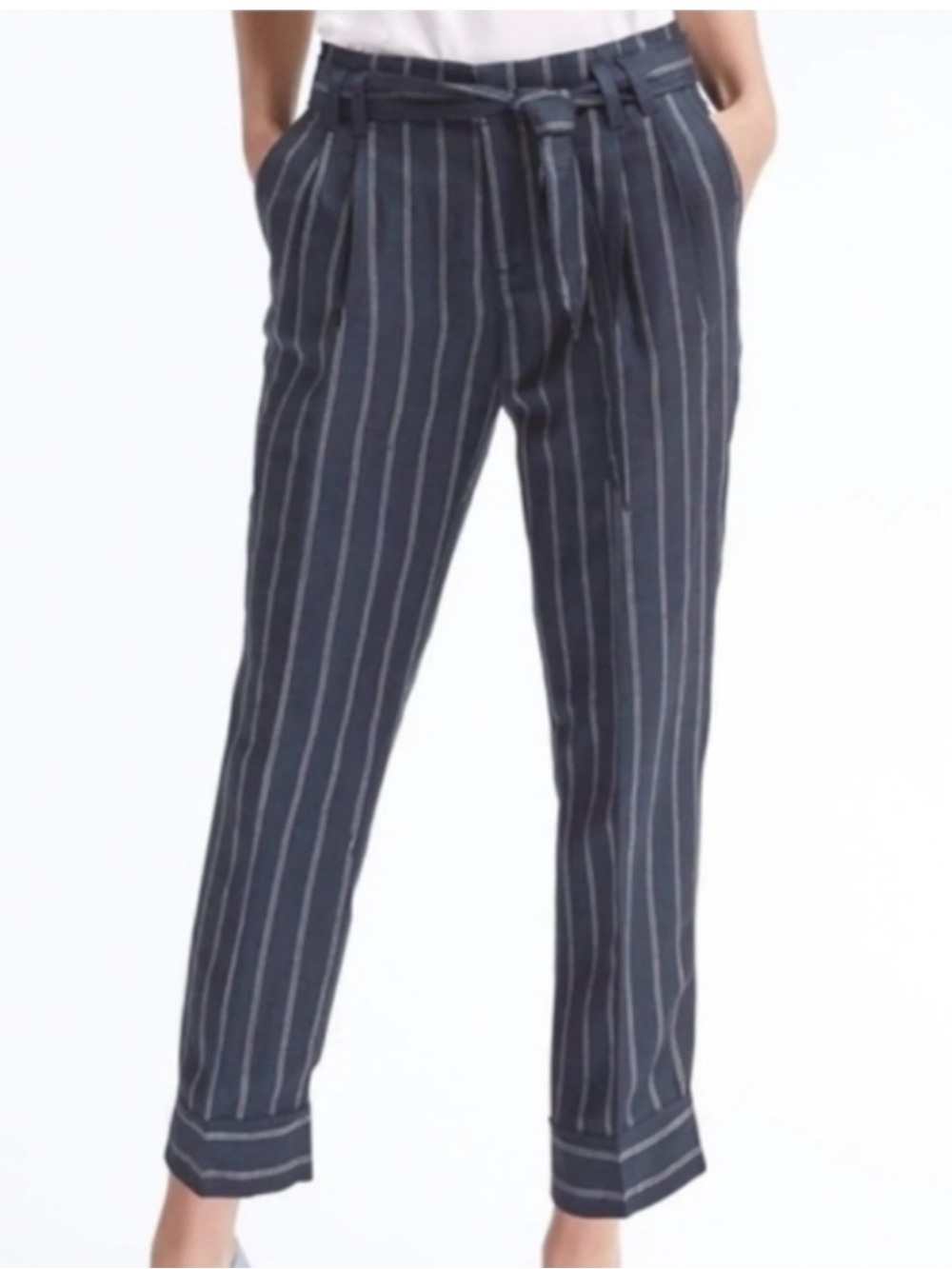 Banana Republic Navy & White Pinstripe Tie-Waist Chinos